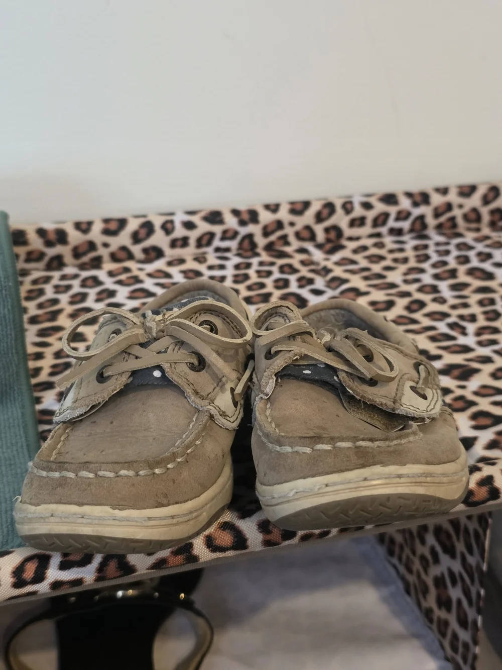 Sperry Bluefish Jr Boat Shoes Taupe Navy Polka Dot Toddler Girls 10M
